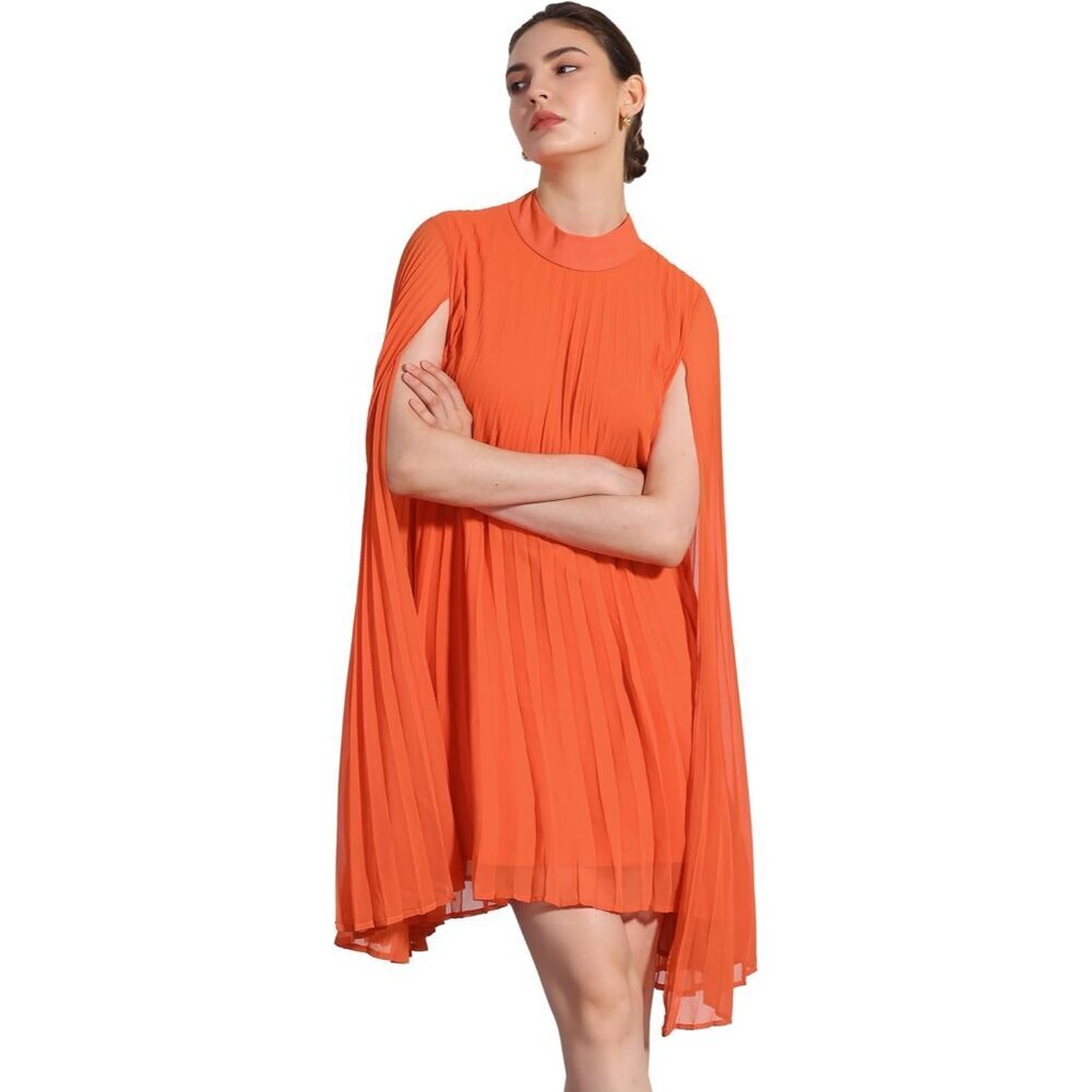 Chiffon Dress Women's Loose Flowy Cape Pleated Casual Work Summer Small